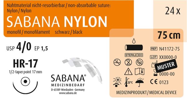 SABANA NYLON 24 Stück schwarz, 75 cm, HR-17, USP 4/0, Stärke 1,5