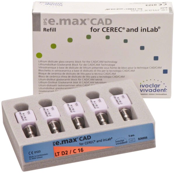 IPS e.max CAD Monolithic Solution for CEREC/inLab 5 Stück A-D Gr. C16, D2 LT