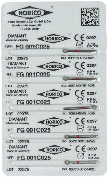 Diamantschleifer 001 5 Stück rot fein, FG, Figur 001, rot ISO 025