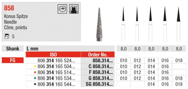 Diamanten 858 5 Stück grün grob, FG, Figur 165 Konus Spitze, 8 mm, ISO 016