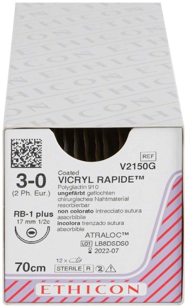 VICRYL™ RAPIDE 12 Stück ungefärbt, 70 cm, RB1 PLUS, USP 3-0, Stärke 2