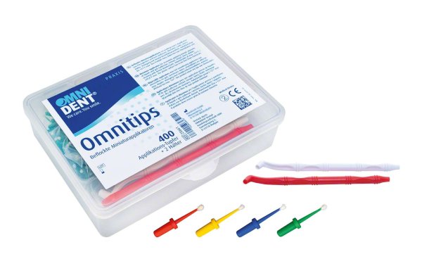 Omnitips 2 Applikationshalter (nicht sterilisierbar), 4 x 100 Einmal-Applikatoren (rot, blau, gelb,