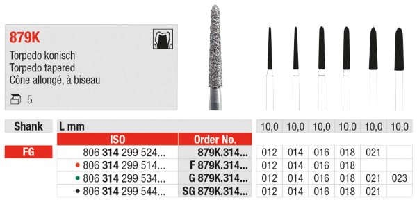 Diamanten 879K 5 Stück grün grob, FG, Figur 299 Torpedo konisch, 10 mm, ISO 023