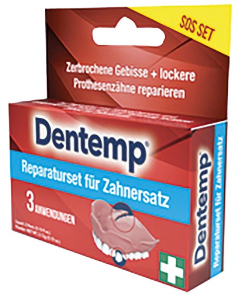 Dentemp® Repair Kit 3 x 1 g Pulver, 3 x 1 g Liquid, 3 Anmischschälchen, 2 Schleifpapier, 1 Spatel