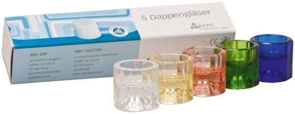 Dappengläser aus Buntglas 5 Stück sortiert (klar, gelb, rosalin, grün, blau)