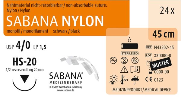 SABANA NYLON 24 Stück schwarz, 45 cm, HS-20, USP 4/0, Stärke 1,5