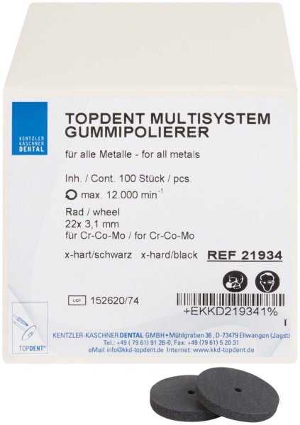 TOPDENT Multisystem-Gummipolierer 100 Stück schwarz superhart, Rad, Ø 22 mm x 3,1 mm