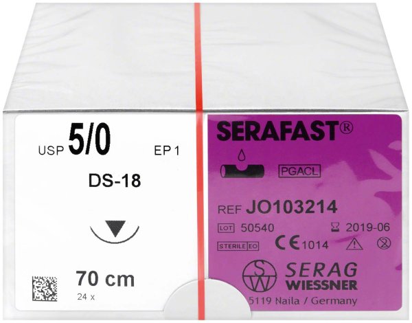 SERAFAST® 24 Stück, violett, Fadenlänge 70 cm, USP 5/0, 3/8 kreisförmig, schneidend, DS-18