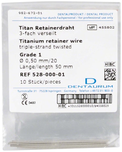 Titan Retainerdraht 10 Stück 3-fach verseilt, Grade 1, Ø 0,50 mm