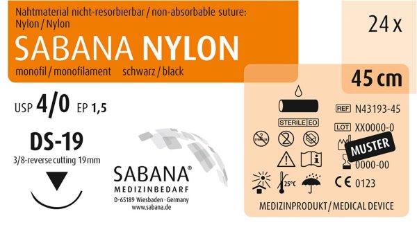 SABANA NYLON 24 Stück schwarz, 45 cm, DS-19, USP 4/0, Stärke 1,5