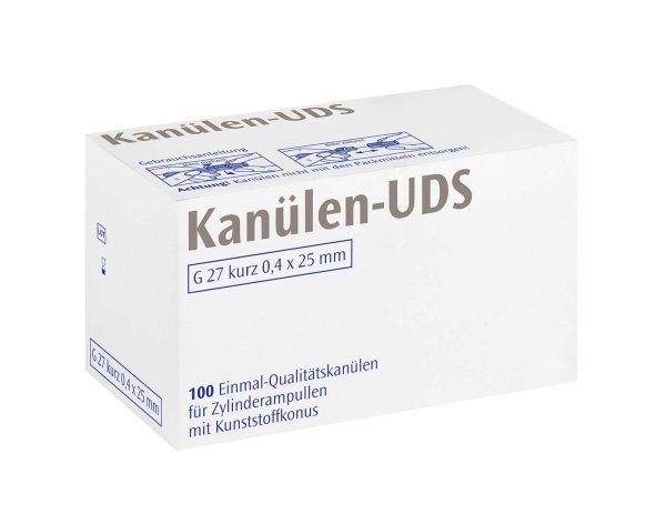 UDS Kanülen 100 Stück grau G27 kurz, 0,4 x 25 mm, Kappe transparent