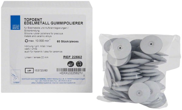 TOPDENT Edelmetall Gummipolierer 60 Stück weiß mittel (auch für Keramik), Linse 22 mm