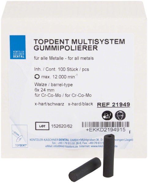 TOPDENT Multisystem-Gummipolierer 100 Stück schwarz superhart, Walze Ø 6 mm x 24 mm