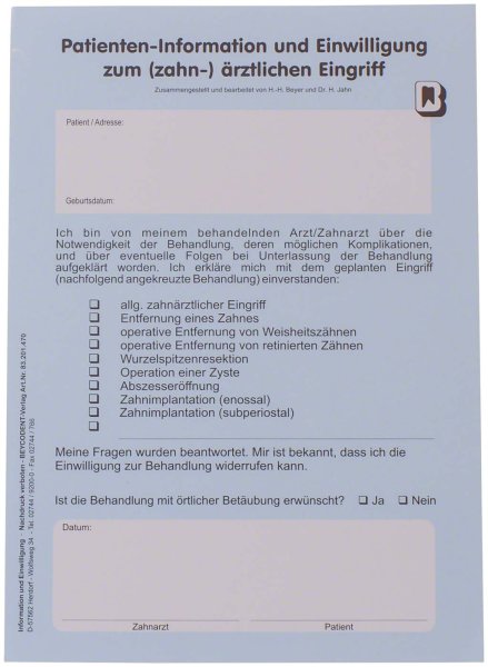 Patienten-Information und -Einwilligung **Block** 100 Flyer