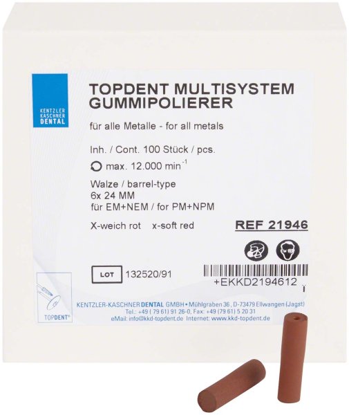 TOPDENT Multisystem-Gummipolierer 100 Stück rot x-weich, Walze Ø 6 mm x 24 mm