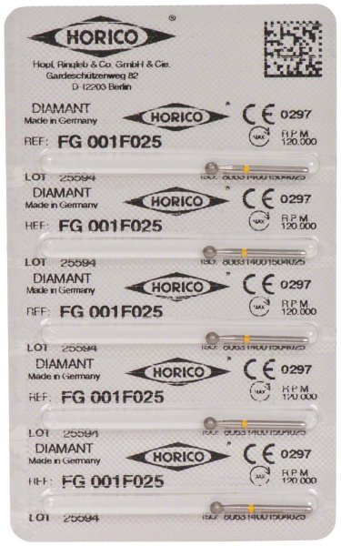 Diamantschleifer 001 5 Stück gelb x-fein, FG, Figur 001, ISO 025