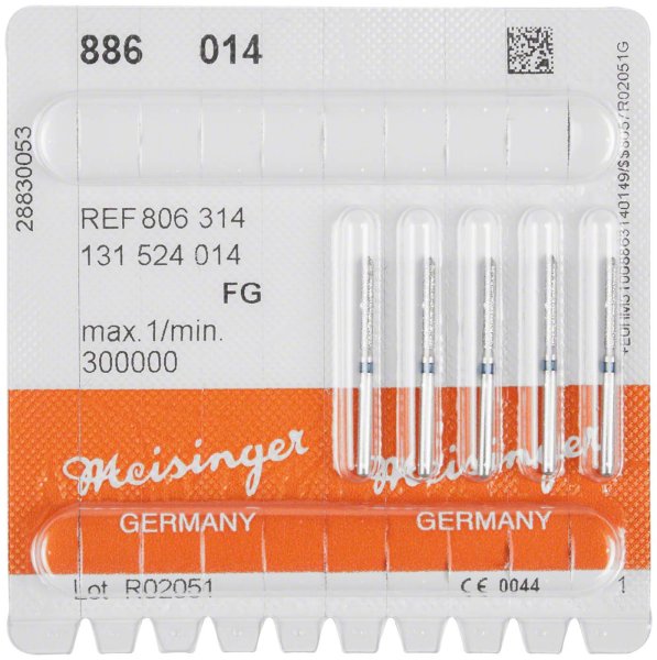 Diamanten 886 5 Stück blau mittel, FG, Figur 131 Zylinder spitz, 10 mm, ISO 014