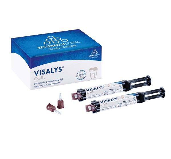 Visalys® Core **Normal pack** 2 x 9 g (5 ml) Spritze dentin, 20 Mischkanülen, 10 Intraoral Tips, 10