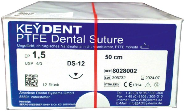 KEYDENT PTFE 12 Stück Dental Suture EP 1,5 (USP 4-0), 50 cm, Nadel DS-12