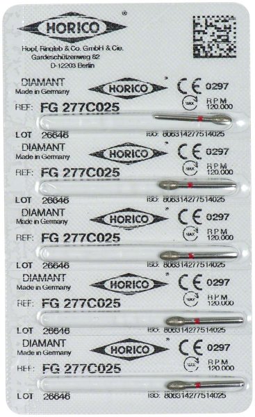 Diamantschleifer 277 5 Stück rot fein, FG, Figur 277, 4,5 mm, ISO 025