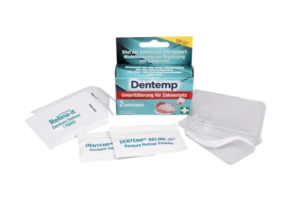 Dentemp® Reline it 2 x 3,1 g Pulver, 2 x 3,3 g Liquid, 2 Anmischschälchen, 1 Spatel