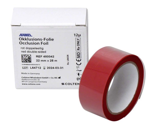 HANEL Occlusions-Folie, doppelseitig 12 µm 25 m rot, 22 mm breit