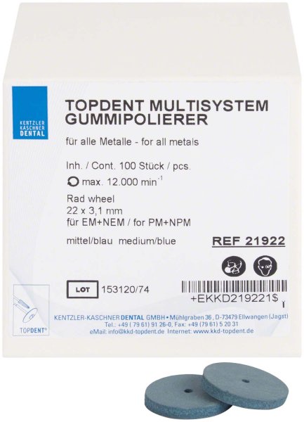 TOPDENT Multisystem-Gummipolierer 100 Stück blau mittel, Rad, Ø 22 mm x 3,1 mm