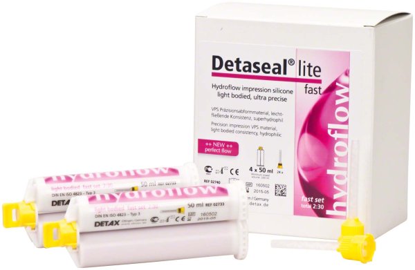Detaseal® hydroflow lite **Multipack** 4 x 50 ml Doppelkartusche fast, 24 Mischkanülen gelb
