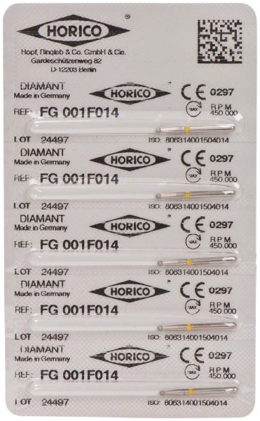 Diamantschleifer 001 5 Stück gelb x-fein, FG, Figur 001, ISO 014