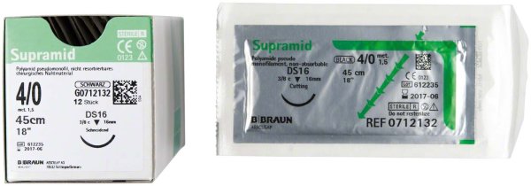 Supramid® 12 Stück schwarz, 45 cm, USP 4/0, DS16