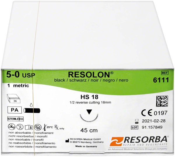 RESORBA® Supramid 36 Stück, schwarz, 45 cm, HS 18, USP 5/0