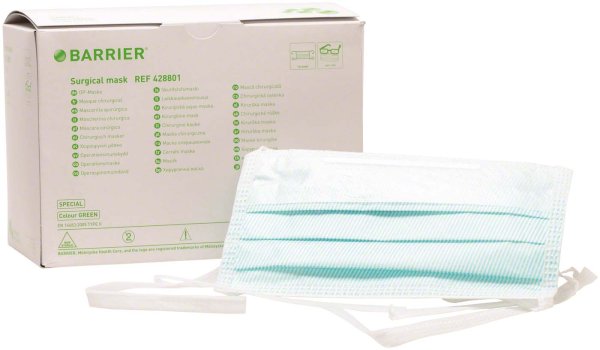 BARRIER® OP-Maske Special 70 Stück grün, Bindebänder extra lang, mit Nasenbügel, antifog, Cellulose