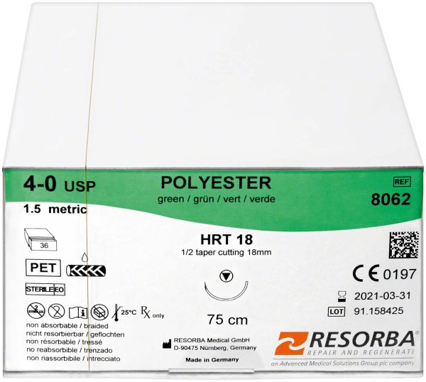 RESORBA® Polyester 36 Stück, grün, 75 cm, HRT 18, USP 4/0