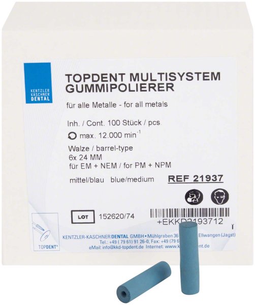 TOPDENT Multisystem-Gummipolierer 100 Stück blau mittel, Walze Ø 6 mm x 24 mm