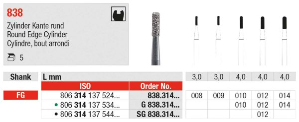 Diamanten 838 5 Stück grün grob, FG, Figur 137 Zylinder Kante rund, 4 mm, ISO 012