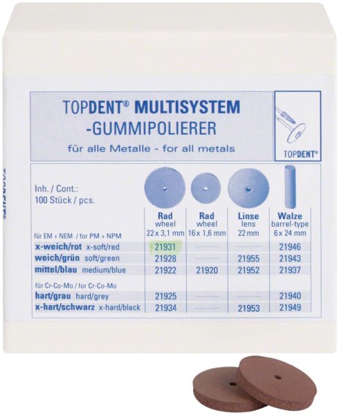 TOPDENT Multisystem-Gummipolierer 100 Stück rot x-weich, Rad, Ø 22 mm x 3,1 mm