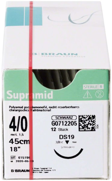 Supramid® 12 Stück schwarz, 45 cm, USP 4/0, DS19