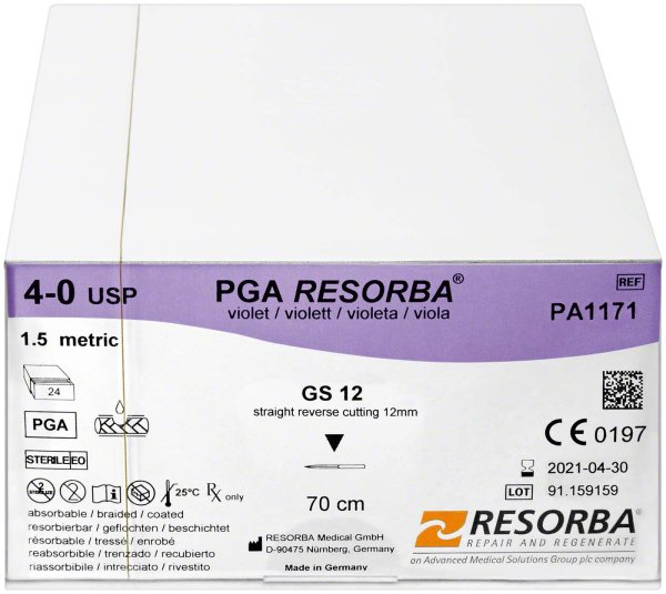 RESORBA® PGA 24 Stück, ungefärbt, 70 cm, GS 12, USP 4/0