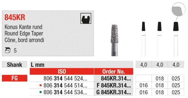 Diamanten 845KR 5 Stück grün grob, FG, Figur 544 Konus Kante rund, 4 mm, ISO 018