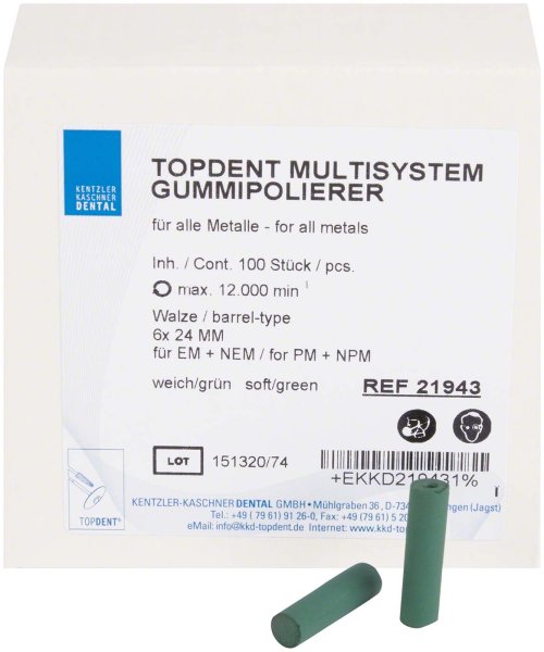 TOPDENT Multisystem-Gummipolierer 100 Stück grün weich, Walze Ø 6 mm x 24 mm