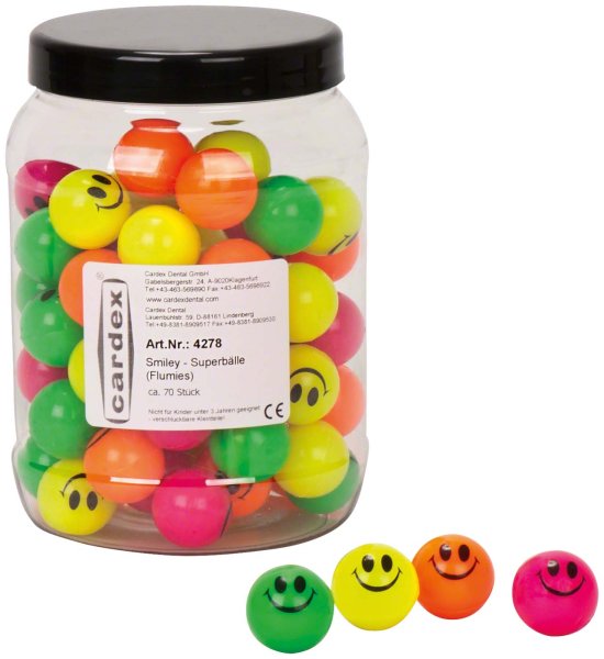 cardex® Smiley - Superbälle 70 Stück in Klarsichtbox sortiert, Ø 27 mm