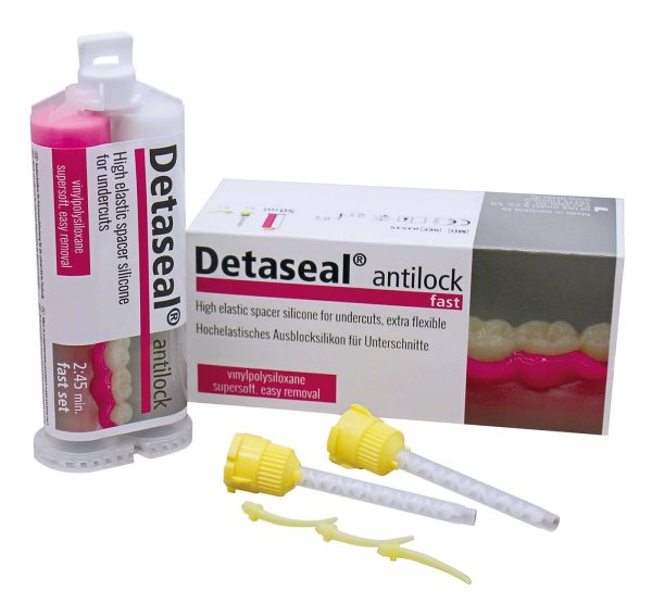 Detaseal® antilock 50 ml Base, 50 ml Katalysator, 6 Mischkanülen gelb, 6 Intra-Oral Tips gelb