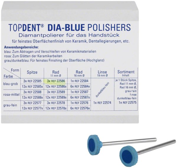 TOPDENT DIA-BLUE-Polierer 3 Stück HP, blau grob, kleines Rad, 11 x 2 mm