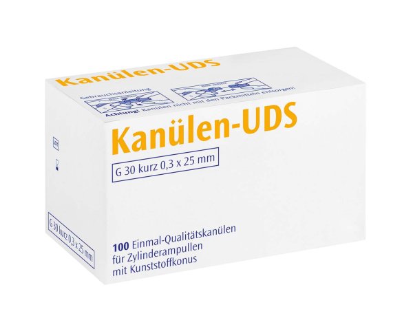 UDS Kanülen 100 Stück gelb G30 kurz, 0,3 x 25 mm, Kappe transparent