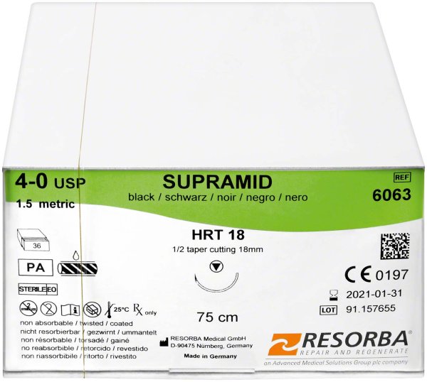 RESORBA® Supramid 36 Stück, schwarz, 75 cm, HRT 18, USP 4/0