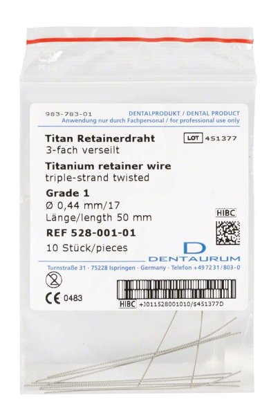 Titan Retainerdraht 10 Stück 3-fach verseilt, Grade 1, Ø 0,44 mm