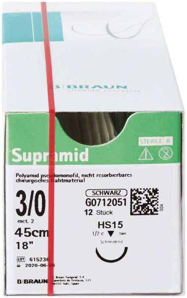 Supramid® 12 Stück schwarz, 45 cm, USP 3/0, HS15