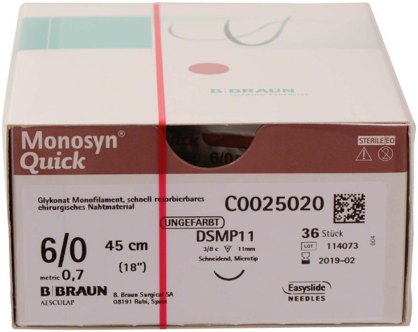 Monosyn® Quick 36 Stück ungefärbt, 45 cm, USP 6/0, DSMP11