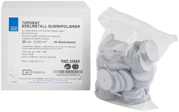 TOPDENT Edelmetall Gummipolierer 60 Stück weiß mittel (auch für Keramik), Rad 22 x 3 mm